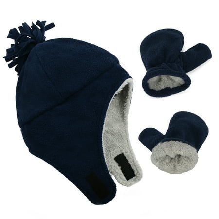 

American Trends Baby Toddler Winter Hat and Glove Set Sherpa Lined Warm Fleece Earflap Beanie Hat Toddler Kids Winter Hat for Boys Girls Solid Navy 4-7T