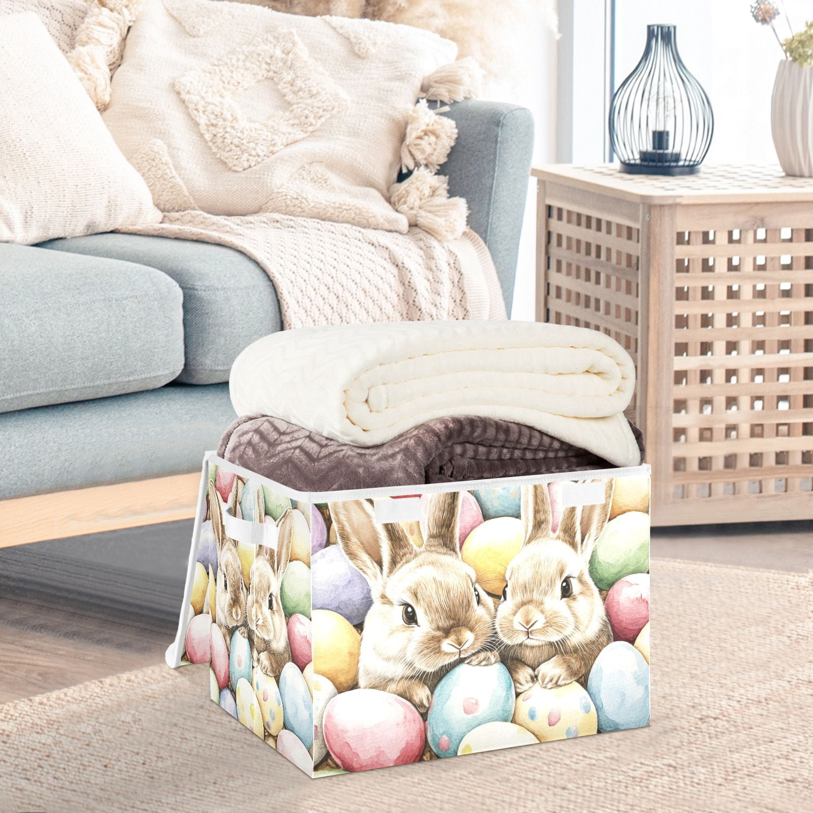 Easter Eggs Bunnies Storage Basket for Shelves Foldable Container Organizer for Organizing Toys Clothes Books with Handles