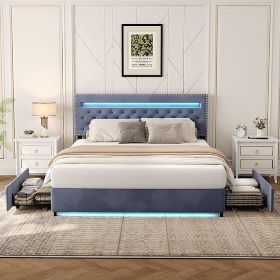 Sailvan King Bed Frame with Storage 2 Drawers, King Size Bed Frame with LED Lights & Headboard, Velvet Upholstered Bedframe, No Box Spring Needed, Gray