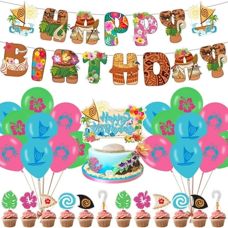 Hawaiian Birthday Party Supplies with 1PcsHawaiian Banner,25 Pcs Caketoppers,18 Pcs Ballon for kids Birthday Baby Shower Party Decorations