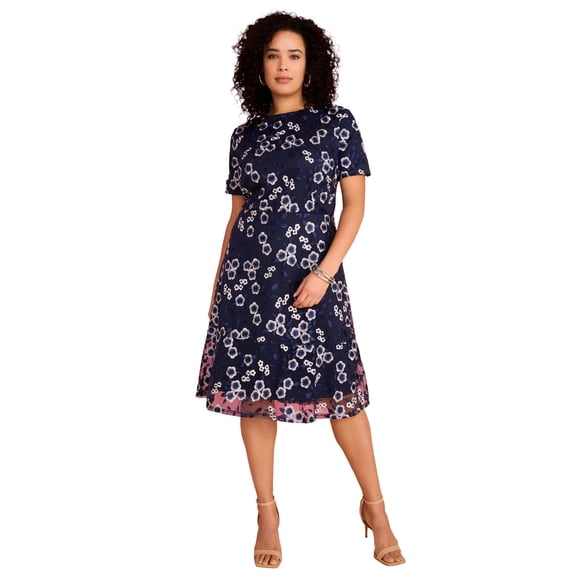 Roaman's Women's Plus Size Embroidered Mesh Short Sleeve Dress