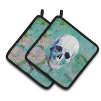 Caroline's Treasures Day of the Dead Teal Skull Pair of Pot Holders
