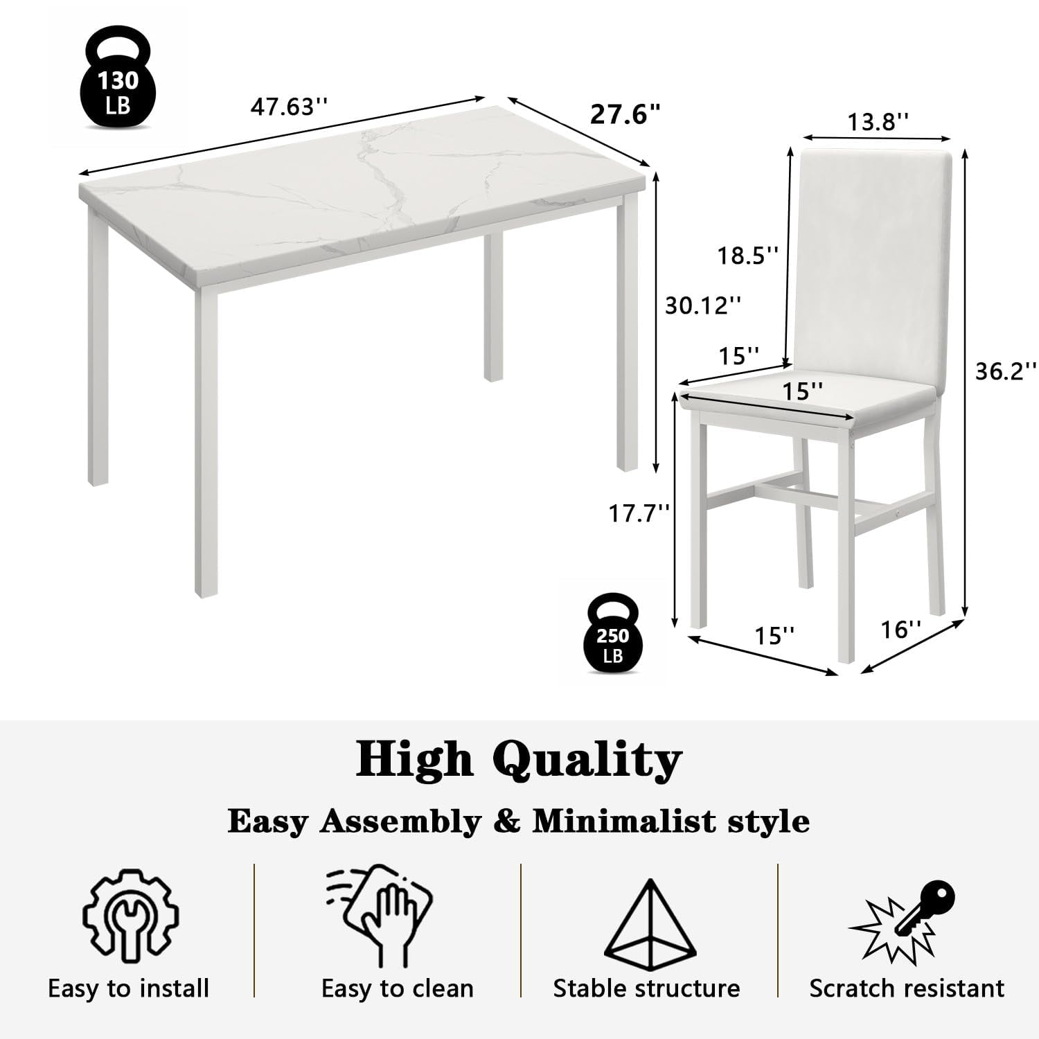 LinkRomat Dining Table Set for 4, Faux Marble Kitchen Table Set with 4 Leather Upholstered Chairs, 5 Piece Modern Dinette for Dining Room