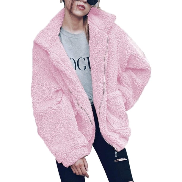 Chaqueta de abrigo extragrande peluda de piel de oveja sintética con cremallera y solapa de manga larga para mujer con bolsillos para invierno cálido Adepaton WMZL-97-14