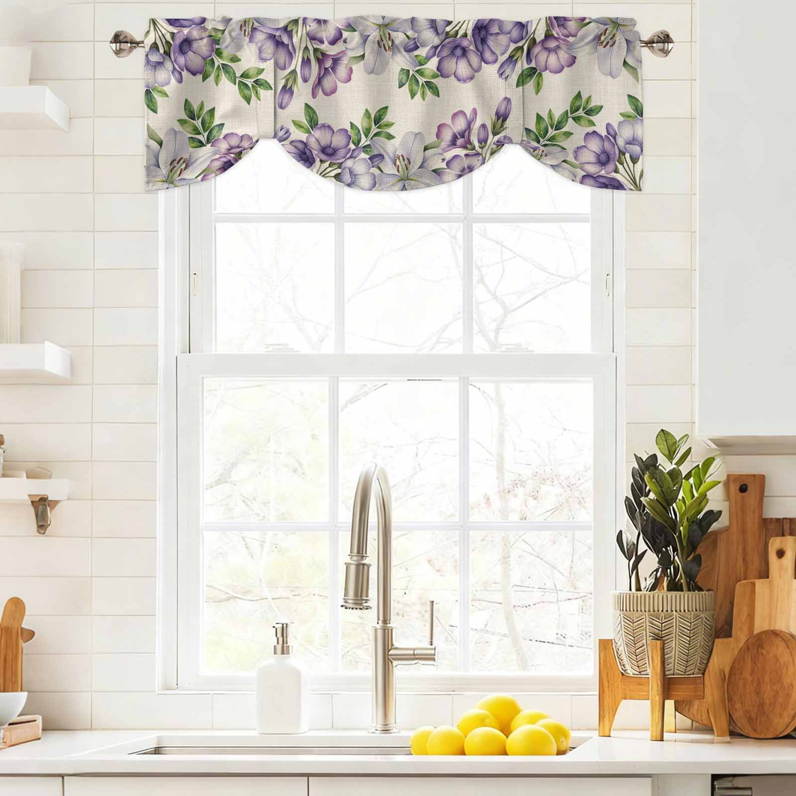Purple White Flowers Tie Up Valance for Windows, Spring Plants Green Leaf Watercolor Linen Texture Adjustable Rod Pocket Tie Up Valance Curtains for Kitchen Bathroom Bedroom 60 X 18 Inch