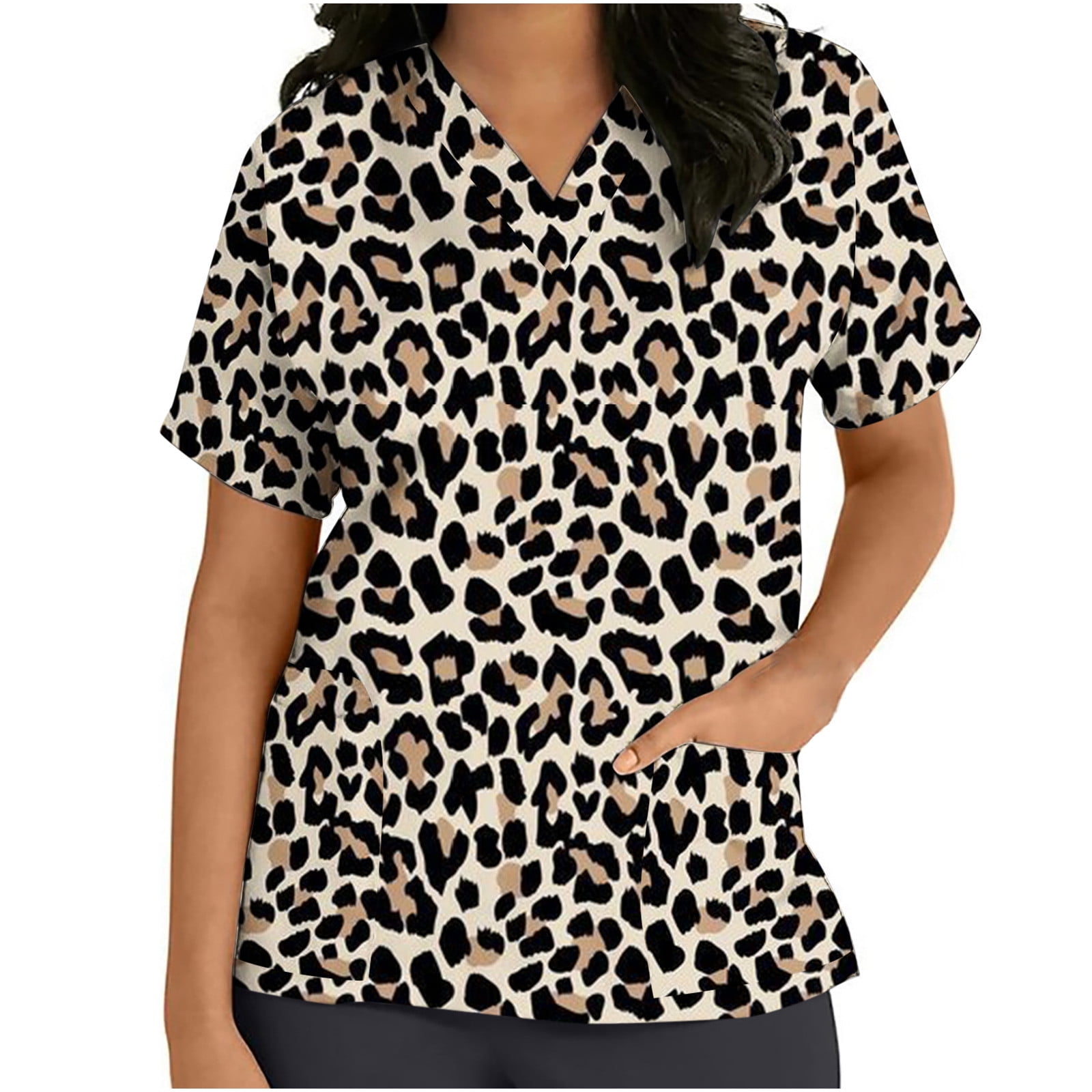 LWZWM Women's Scrub Tops Leopard Print Nursing Scrubs Short Sleeve V Neck  Uniform Loose Healthcare Career Shirt with Pocket Women Short Sleeve V-neck  Tops Uniform Printed Pockets B 