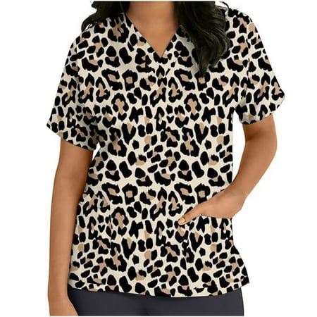 

Lolmot Womens Leopard Print Scrub Tops Casual Short Sleeve Medical Workwear Floral V Neck Shirts Scrubs Nursing Tops with Pockets on Clearance