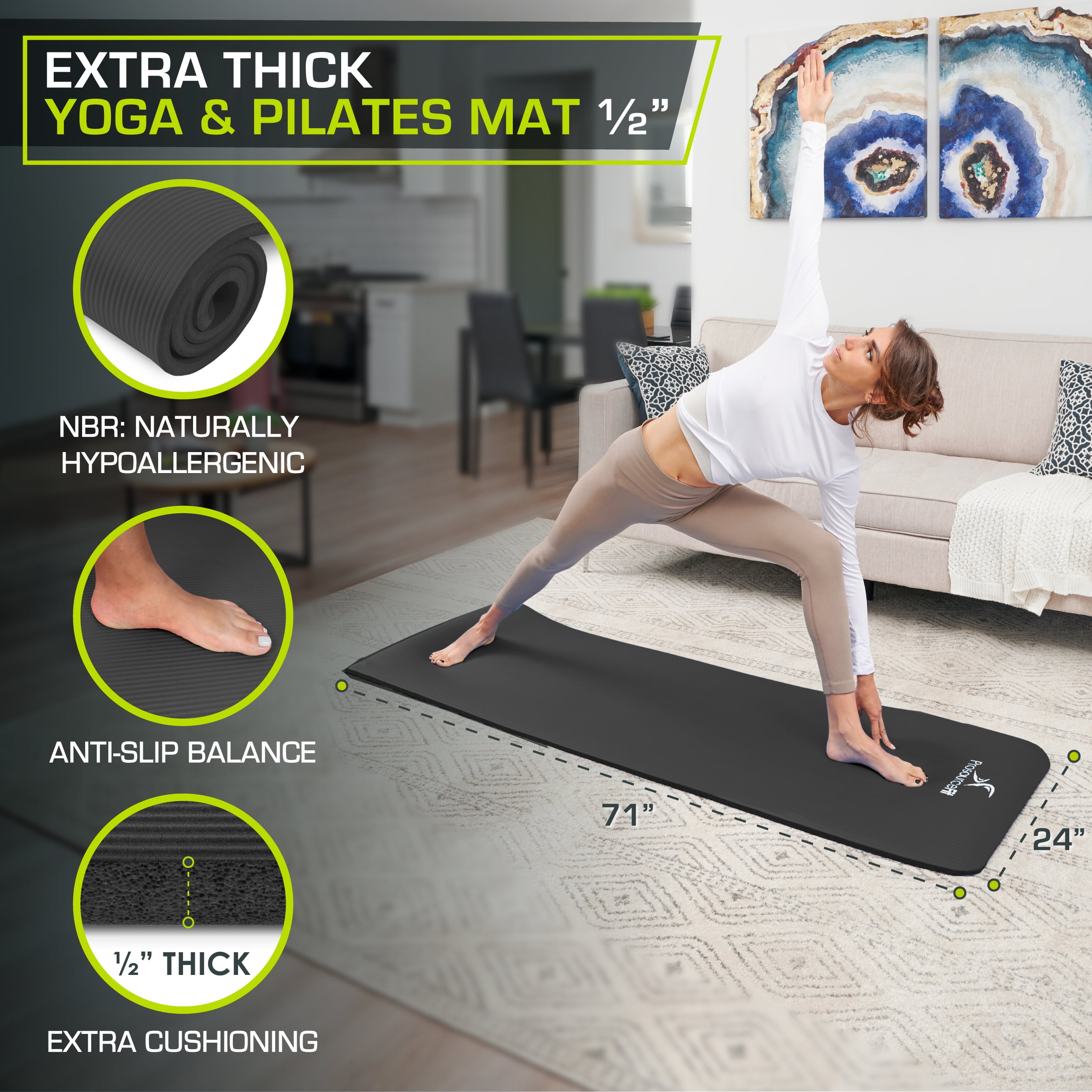 ProsourceFit Extra Thick Yoga and Pilates Mat 1-in, 71”L x 24”W Green 