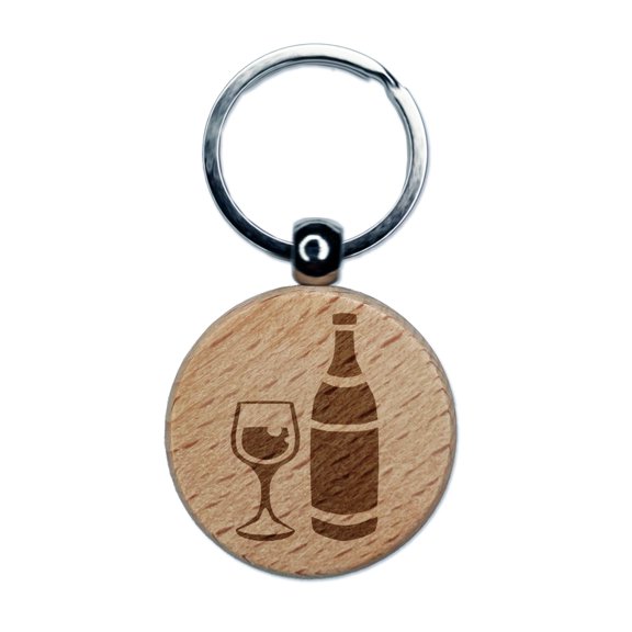 Fancy Wine Bottle and Glass Round Keychain Charm Tag - Engraved Wood