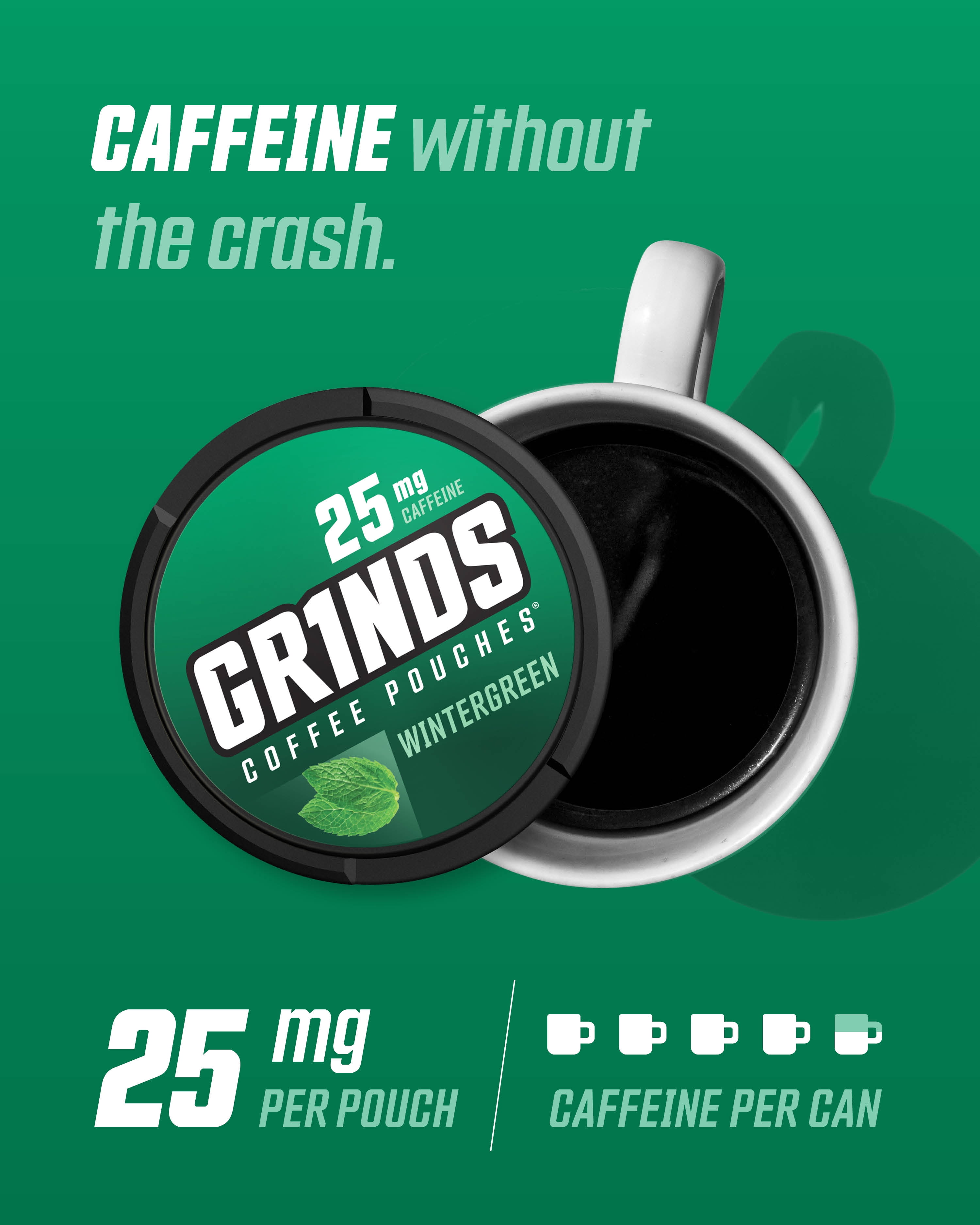 3 pack) Grinds Coffee Pouches, Nicotine-Free, 25mg Caffeine, Wintergreen,  15 Pouches (1 Can)