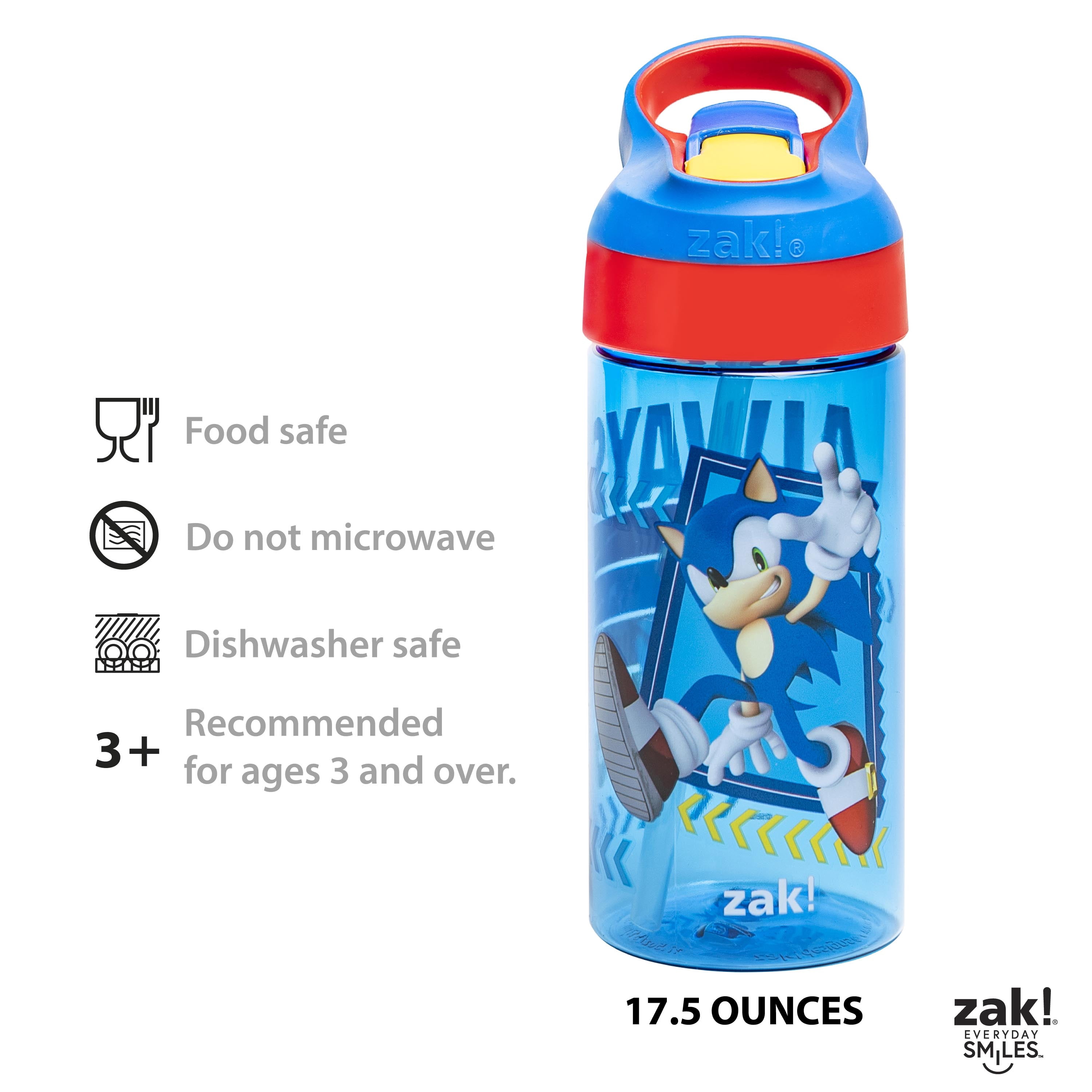 Zak Designs 17.5oz Sonic the Hedgehog Kids Water Bottle with Spout Cover and Built-in Carrying Loop, Made of Durable Plastic, Leak-Proof Design for Travel (17.5 oz, Pack of 2)