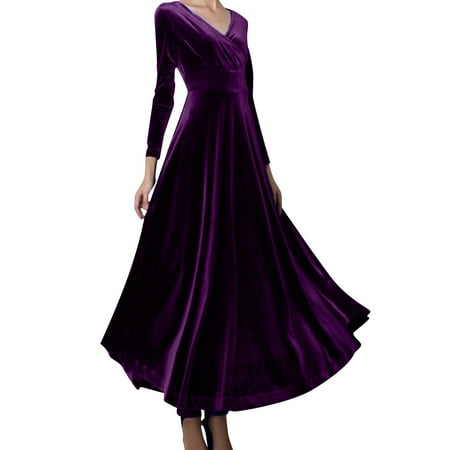ZIZOCWA Corset Dress for Women Summer Fall Women Long Sleeved V Neck Velvet Flowy Dress Party Wedding Guest Dresses for Women Purple SizeS
