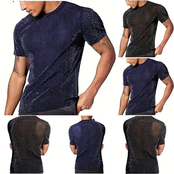 Swuxness Mens Solid Color Sheer Mesh Crew Neck Short Sleeve Tee High Stretch Casual Fashion Top