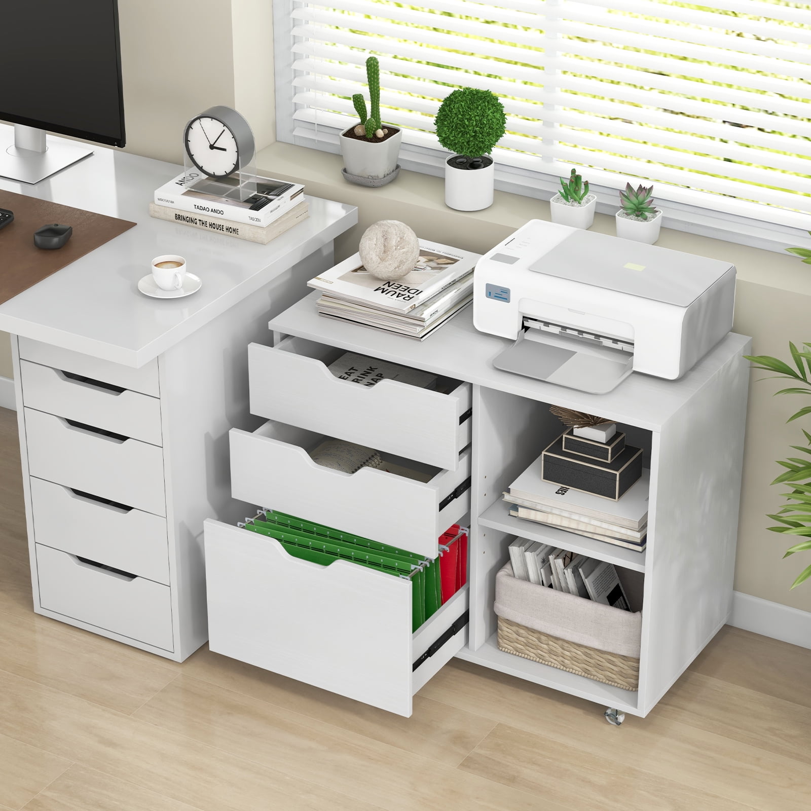 Giantex Rolling File Cabinet, Lateral Filing Cabinet w/Open Storage Shelves, Under Desk Storage Organizer, Mobile Printer Stand, White