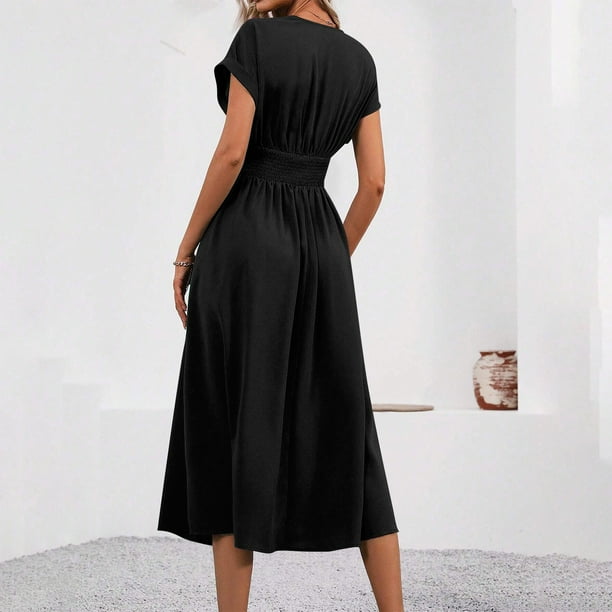 Mgmyaa Casual Dresses for Women Semi Formal Fit and Flare 1/4 Rolled Sleeve  V-Neck A-line Cocktail Party Dress - Walmart.ca