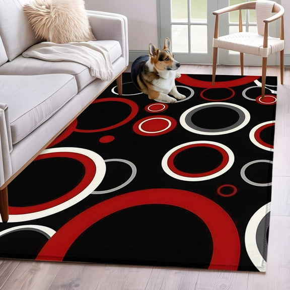 Red Black Area Rug 3x5 Washable Rug Non Slip Abstract Modern Geometric White Grey Circle Large Area Rug Indoor Floor Carpet for Entryway Bedroom Kitchen Living Room Home Office Dining Room Nursery