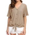 thumbnail image 4 of JWD Womens Waffle Knit Tunic Blouse Tie Knot Short Sleeve Henley Tops Loose Fitting Bat Wing Shirts Khaki Medium, 4 of 5