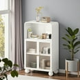 thumbnail image 4 of IVV Freestanding Storage Metal Cabinet, Floor Display Cabinet with 2 Glass Doors and Open Shelf, for Entrance Bedroom Bathroom Kitchen Reception Room, 27.56"L x 13.78"W x 45.28"H, White, 4 of 11