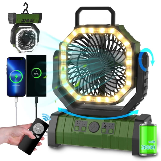 ADUST Ventilador de camping portátil con luz LED – 20000 mAh recargable, oscilante con rotación de 360 grados, gancho para colgar para tiendas de campaña, ventilador de escritorio USB