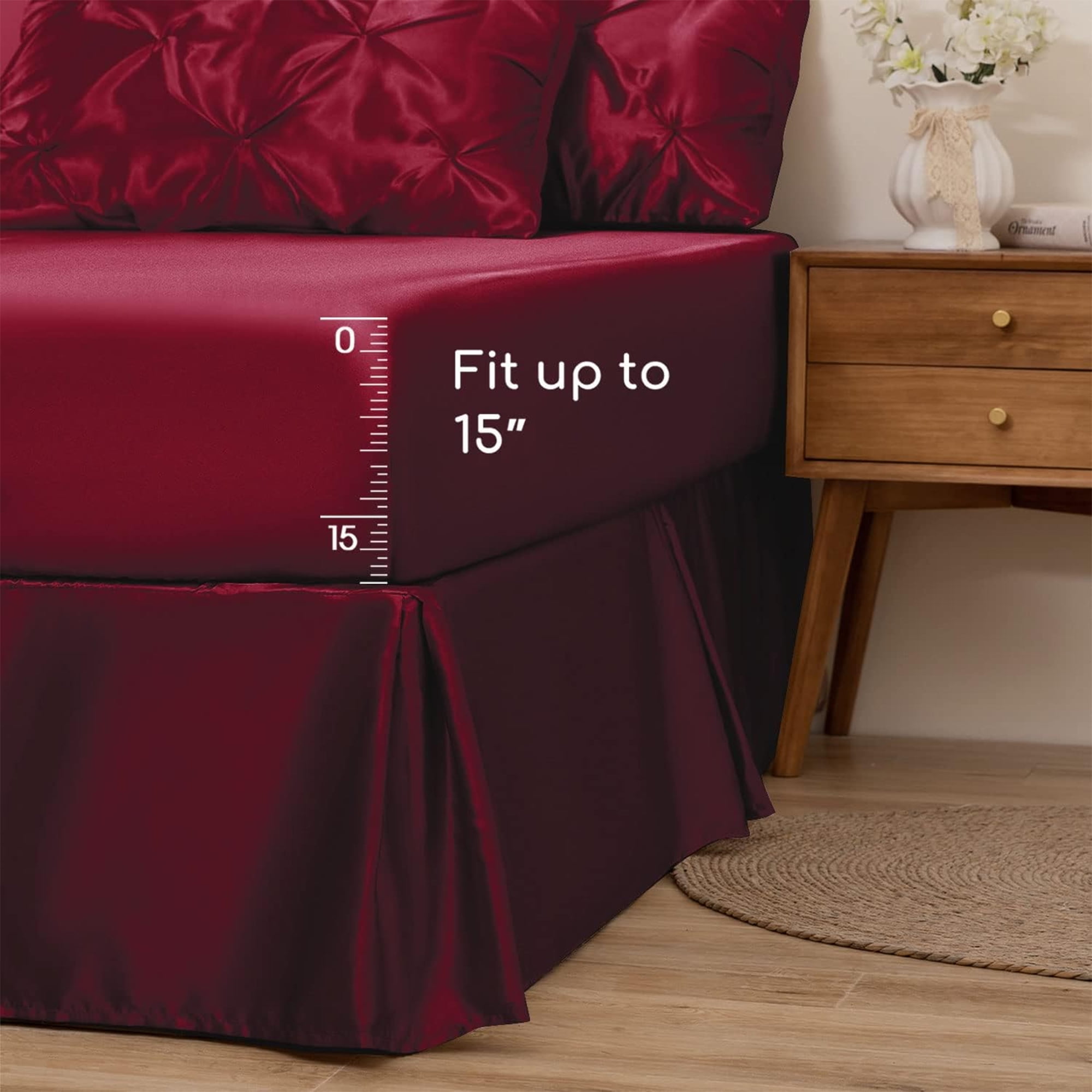 MR&HM Satin Comforter Set 7 Pieces King Size - Luxurious Pinch Pleat Bed in a Bag with Satin Comforter, Satin Sheets, Satin Pillowcases & Shams, Silky Soft Bedding Set for All Seasons (Burgundy)