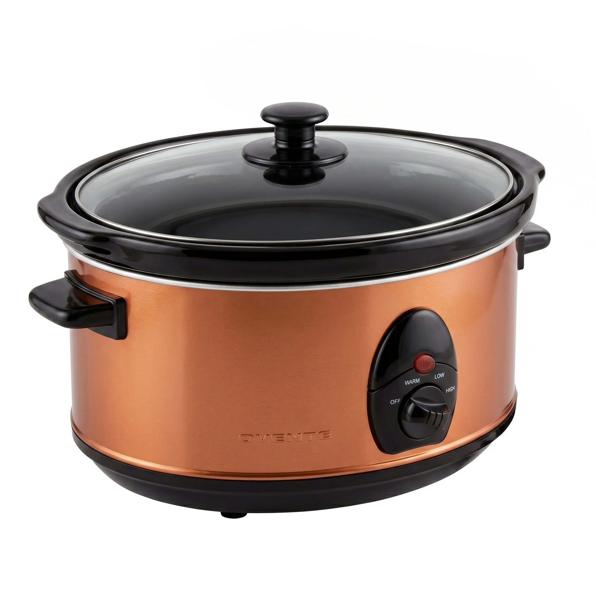 OVENTE Electric Slow Cooker with 3 Cooking Settings Non-Stick and Dishwasher Safe Stoneware, Stainless Steel Body, Glass Lid, 3.7 Qt Oval Pot for Entrees, Soups, Sauces, Stews & Dips, Copper SLO35ACO