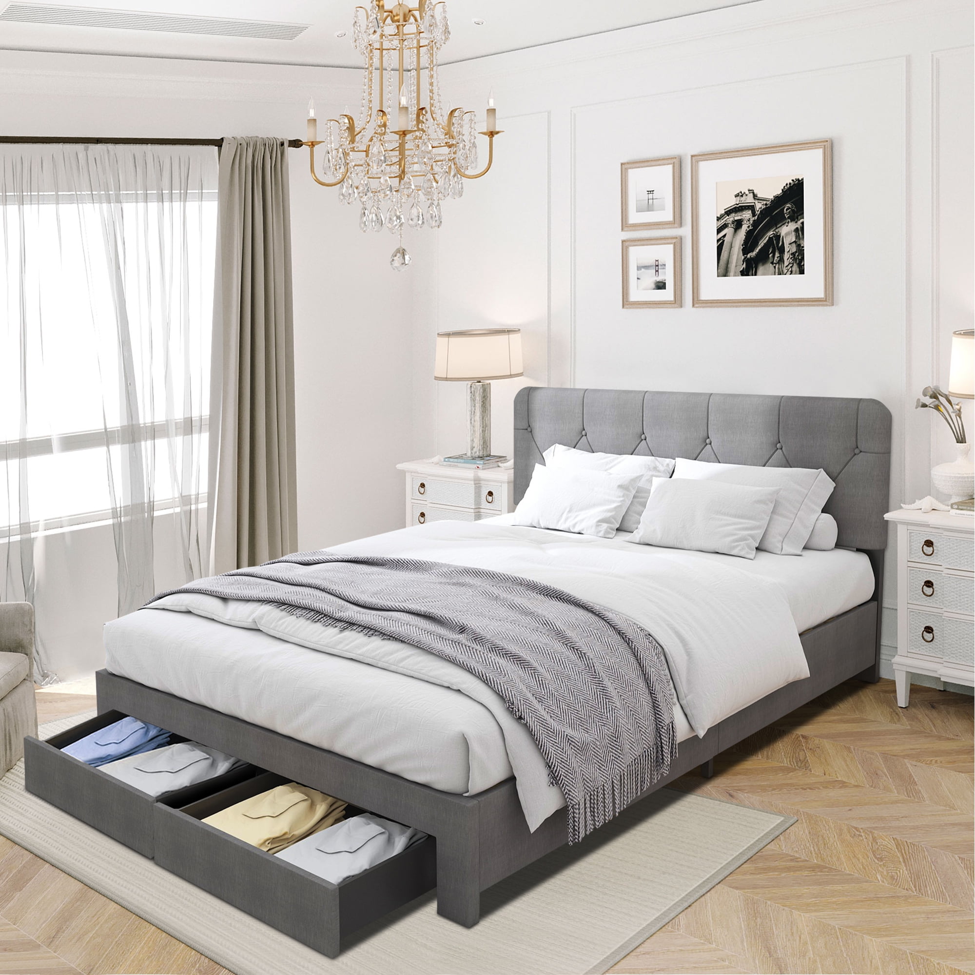 uhomepro Storage Queen Bed Frame, Modern Upholstered Platform Bed with