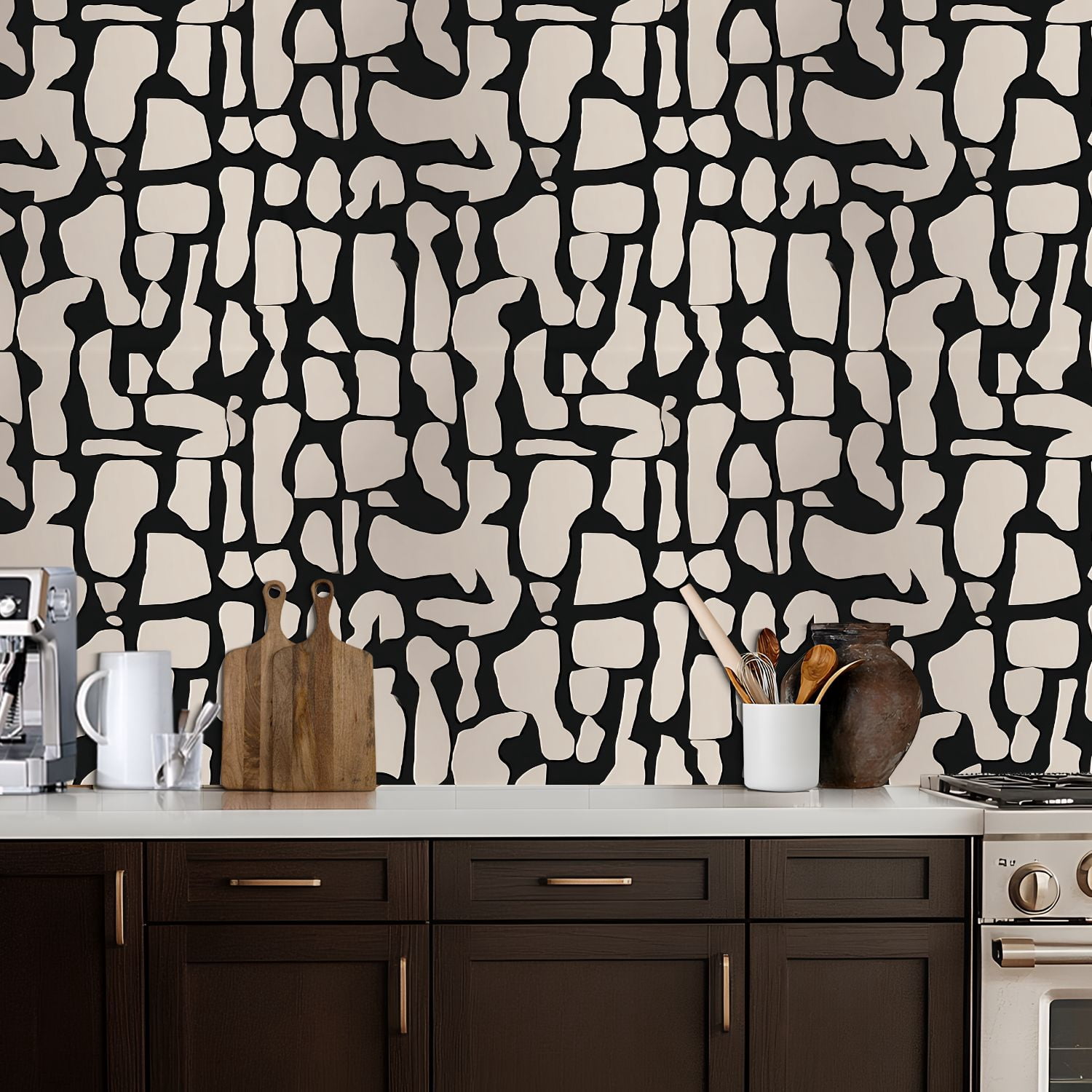 Peel and Stick Wallpaper Abstract Black Beige Geometric Organic Shapes Wall Mural 17.7in x 9.8ft Self Adhesive Removable Wall Paper Renter Friendly Wallpaper for Nursery Bedroom Cabinets