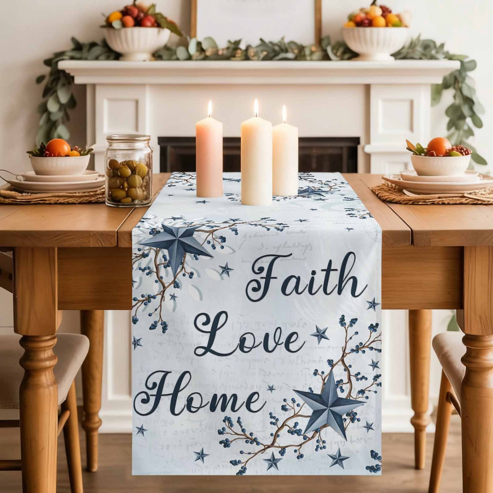 Texas Star Country Cotton Linen Table Runner for Dining Kitchen, Blue Farmhouse Branches Wedding Outdoor Party Tablerunners Decoration, Dresser Scarf Coffee Tablecloth Runners 13x90 Inches