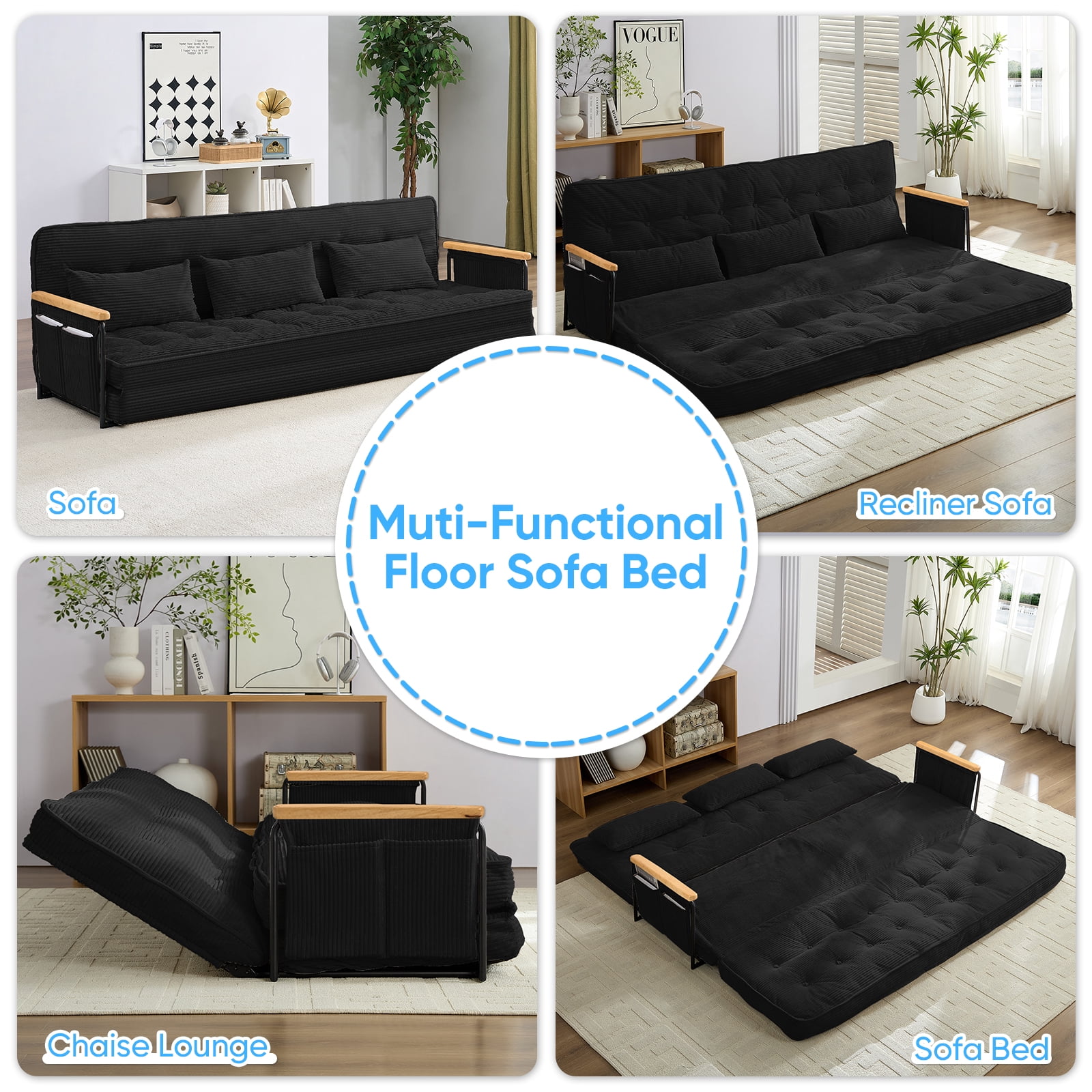 BALUS Futon Sofa Bed, 4-in-1 Corduroy Floor Couch Bed with Folding Mattress, Convertible Sleeper Sofa for Living Room, Black