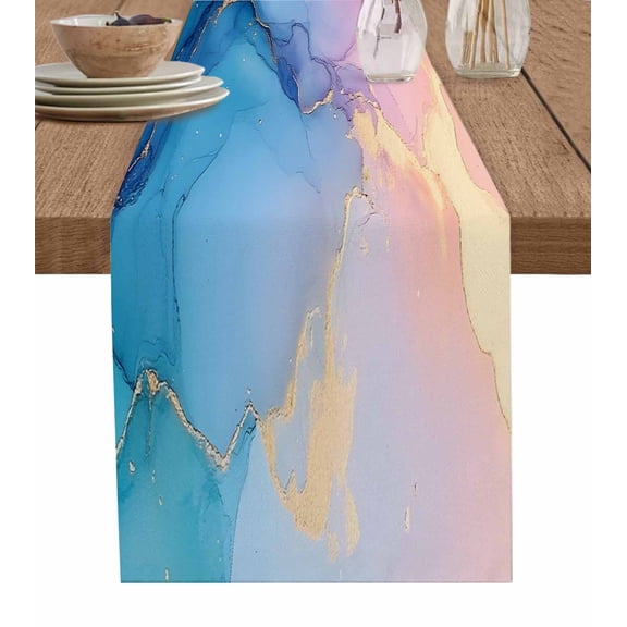 Blue Purple Pink Marble Table Runner 70 Inches, Modern Abstract Impressionist Bed Runner Dresser Scarves Tabletop for Indoor Outdoor Parties/Ceremony/Banquet, 13" x 70"