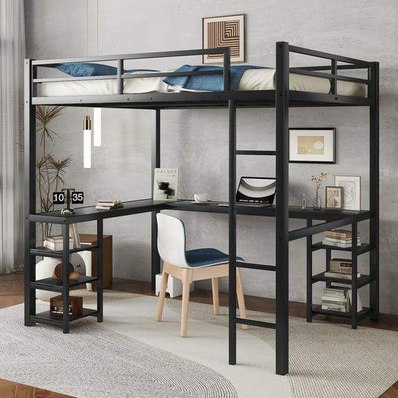 YIYADO Full Size Metal Loft Bed with Desk & Shelves, Space Saving L-Shaped Study Loft with Ladder & Guardrails, Black