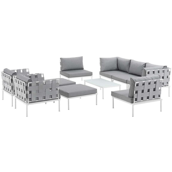 Modern Contemporary Urban Design Outdoor Patio Balcony Ten PCS Sectional Sofa Set, Grey White Gray, Rattan
