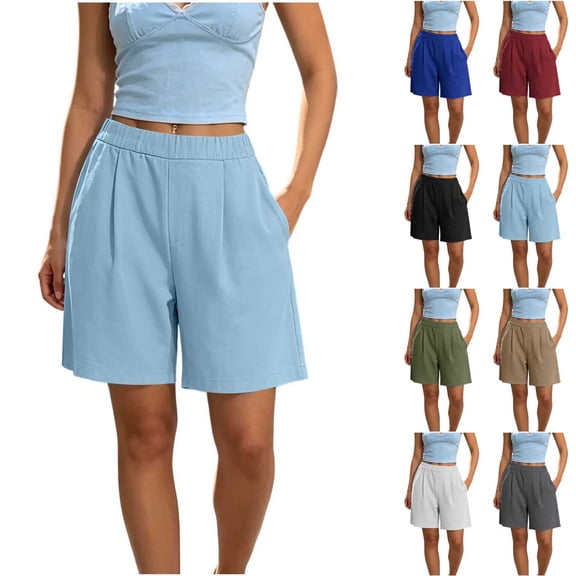 Women's Soft Fabric Elastic Waist Casual Shorts with Pockets, Solid Color Pleated Loose Fit, Shorts for Women Summer, Lounge Athletic | VerBelle,Army Green L