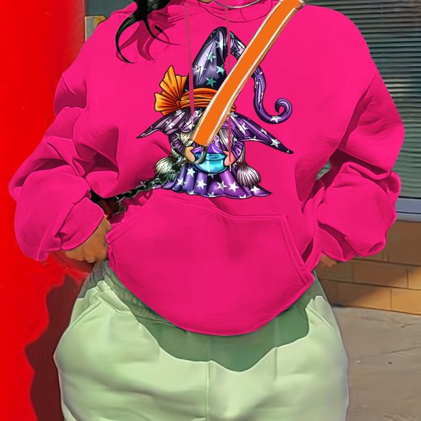 Sudadera Con Capucha De Bolsillo De Canguro Con Estampado De Mago De Halloween, Sudadera Con Capucha De Manga Larga Informal Con Cordón, Ropa De Mujer