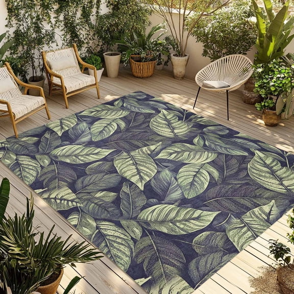 Fsddascl Summer Leaves Outdoor Rug for Patio/Deck/Porch, Non-Slip Large Area Rug 5 x 8 Ft, Green Natural Tropical Palm Plants Leaf Indoor Outdoor Rugs Washable Area Rugs, Camping Rug Carpet