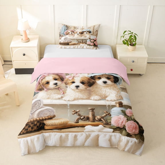 Homewish Cute Maltese Dog Twin Duvet Cover,Pink Peony Flower Twin Bedding,Cream,Pink Reversible,2pcs,1 Duvet Cover and 1 Pillowcase
