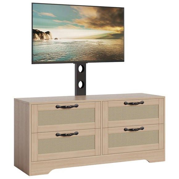 Centro de entretenimiento farmhouse para TV hasta 70'' – Mueble de madera con 4 cajones y puertas de ratán – Soporte ajustable – Almacenaje moderno – Color natural (log) –Ideal para salón o dormitorio