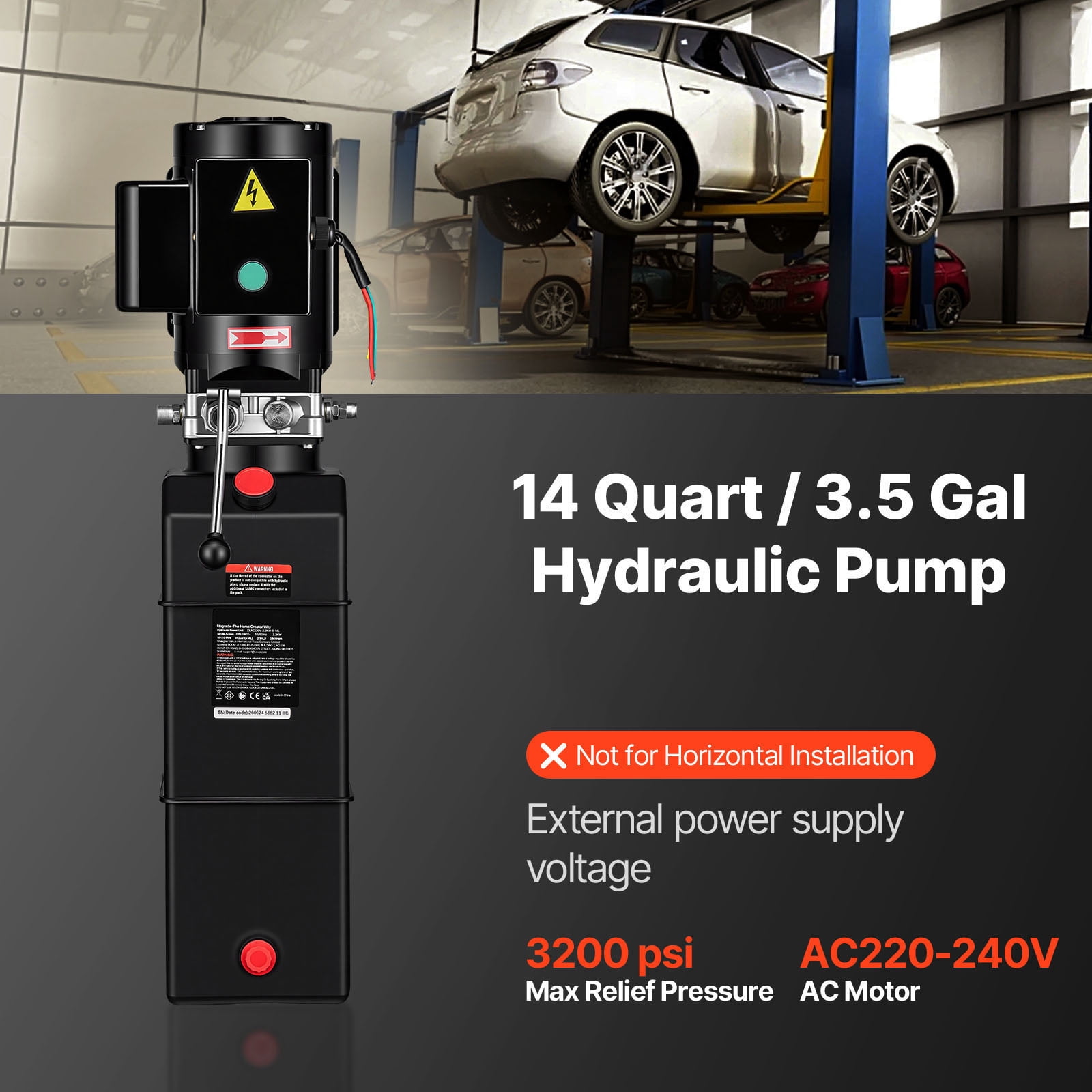 KFFKFF 14 Quart Hydraulic Pump, 2.2KW Motor for Dump Trailer, Single Acting, 3200 PSI Max Pressure, 1.7 GPM Flow Rate, AC220-240V Power Unit for Car Lift (Vertical Installation)