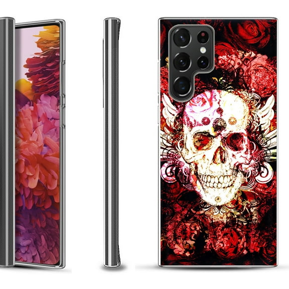 Slim-Fit Fashion Gel Phone Case for Samsung Galaxy S22 Ultra 5G, by OneToughShield ® - Rose Skull