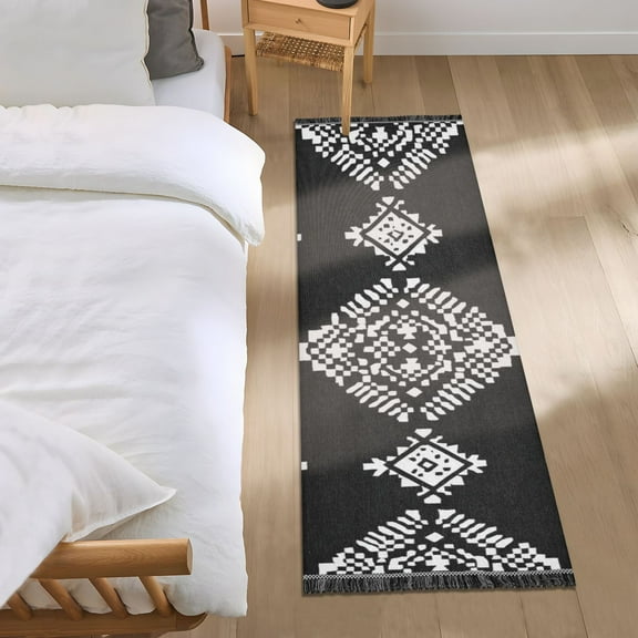 White Abstract Cubes on Black Background Bedside Runner Rug 2'x 6' Non Slip Carpet Floor Mat Area Rug