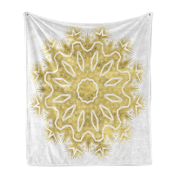 Mandala Soft Flannel Fleece Blanket, Vibrant Oriental Motif in Modern Design Geometric Eastern Moroccan Royal, Cozy Plush for Indoor and Outdoor Use, 50" x 70", Pale Yellow and White, by Ambesonne