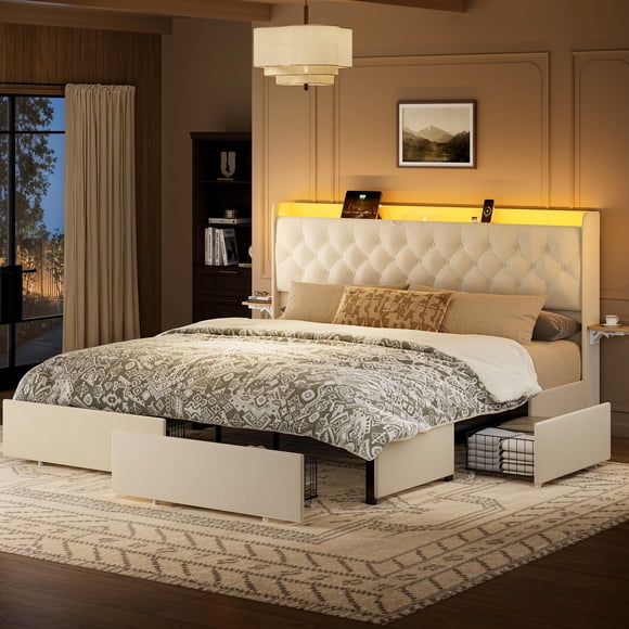 GUNAITO King Size Bed Frame with 4 Storage Drawers, Velvet Upholstered LED Bed with LED and USB Ports, Modern Wingback Headboard Bed with Bedside Storage Board, Beige