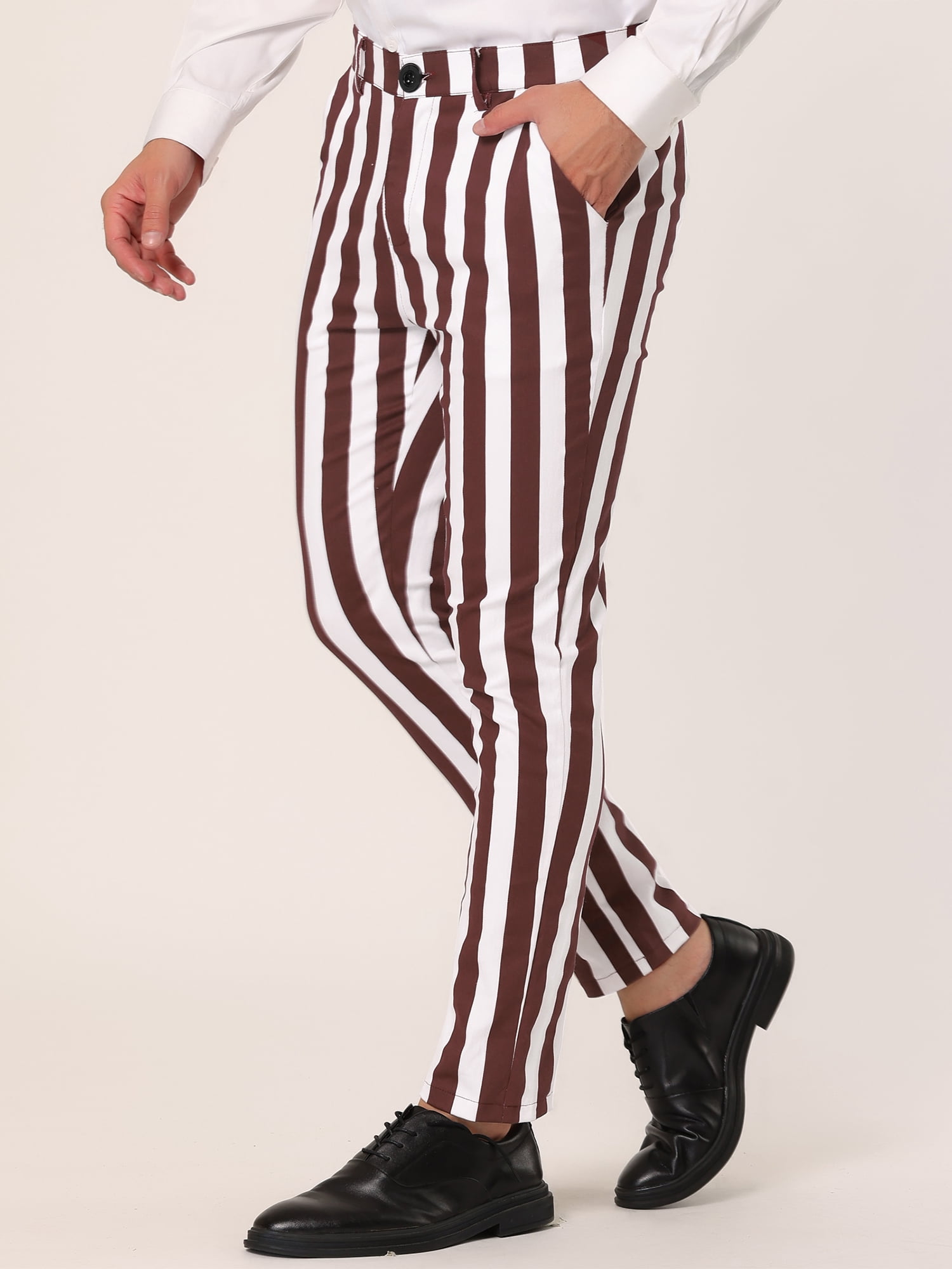 Unique Bargains Men's Striped Pants Business Skinny Fit Color Block Trousers 40 Brown White