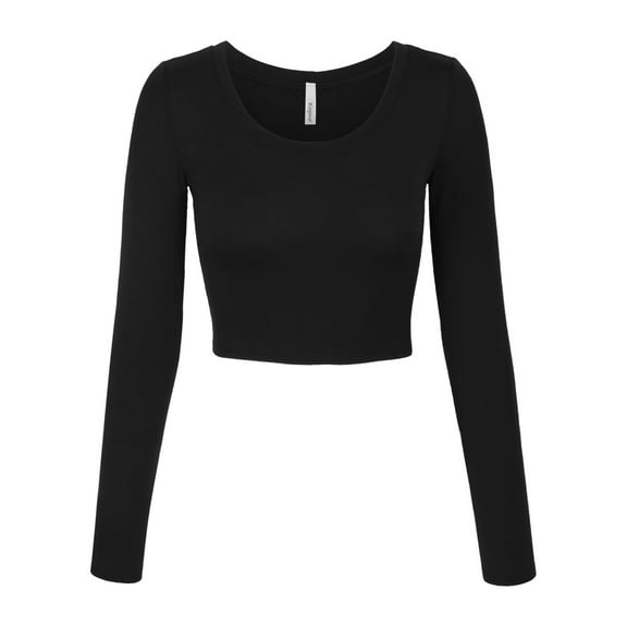 KOGMO Womens Long Sleeve Crop Top Solid Round Neck T Shirt