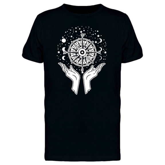 Hands Holding Compass On Cosmos Tee Men's -Image by Shutterstock