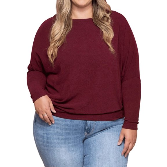Women'S Long Sleeve Round Neck Soft Basic Batwing Sleeve Knitted Loose Pullover Autumn Fashion Clothing Wine Red XXL