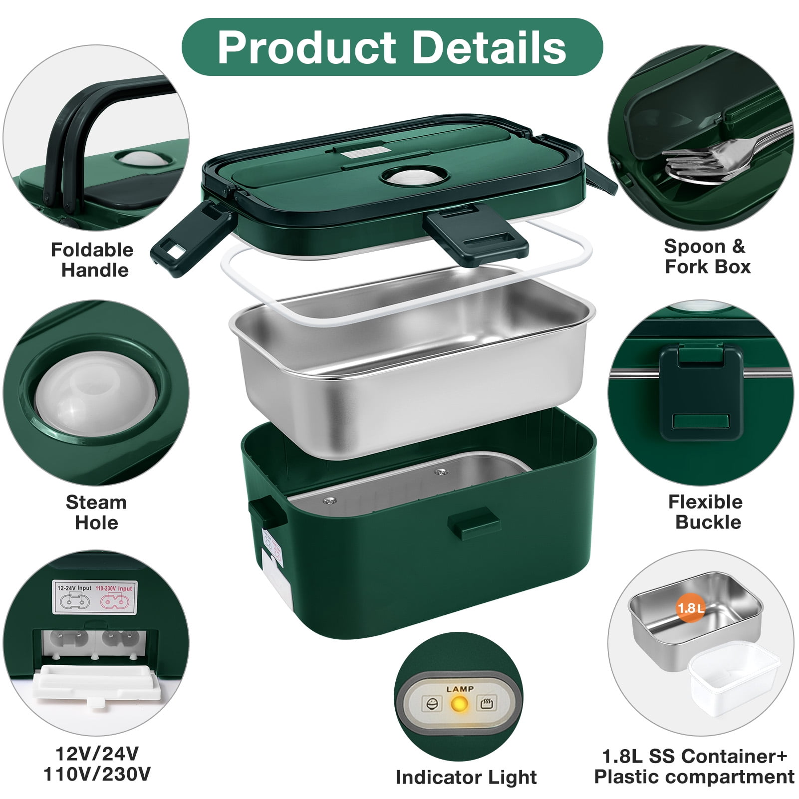Livhil Electric Lunch Box Food Heater, Portable Food Warmer, Hot Lunch Warmer Heated Lunch Box for Adults, 60W 1.8L 12V-24V 110V Stainless Steel Container Portable Food Heater (Green+Army Green)