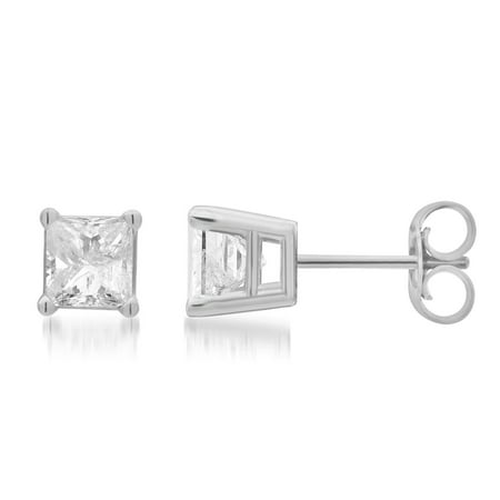 1 1/2 Carat T.W. Princess Diamond 14K White Gold Stud Earrings. (J/I2-I3)