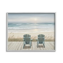 Stupell Industries Chairs with Beach Sunrise Landscape Painting Gray Framed Art Print Wall Art, 20 x 16