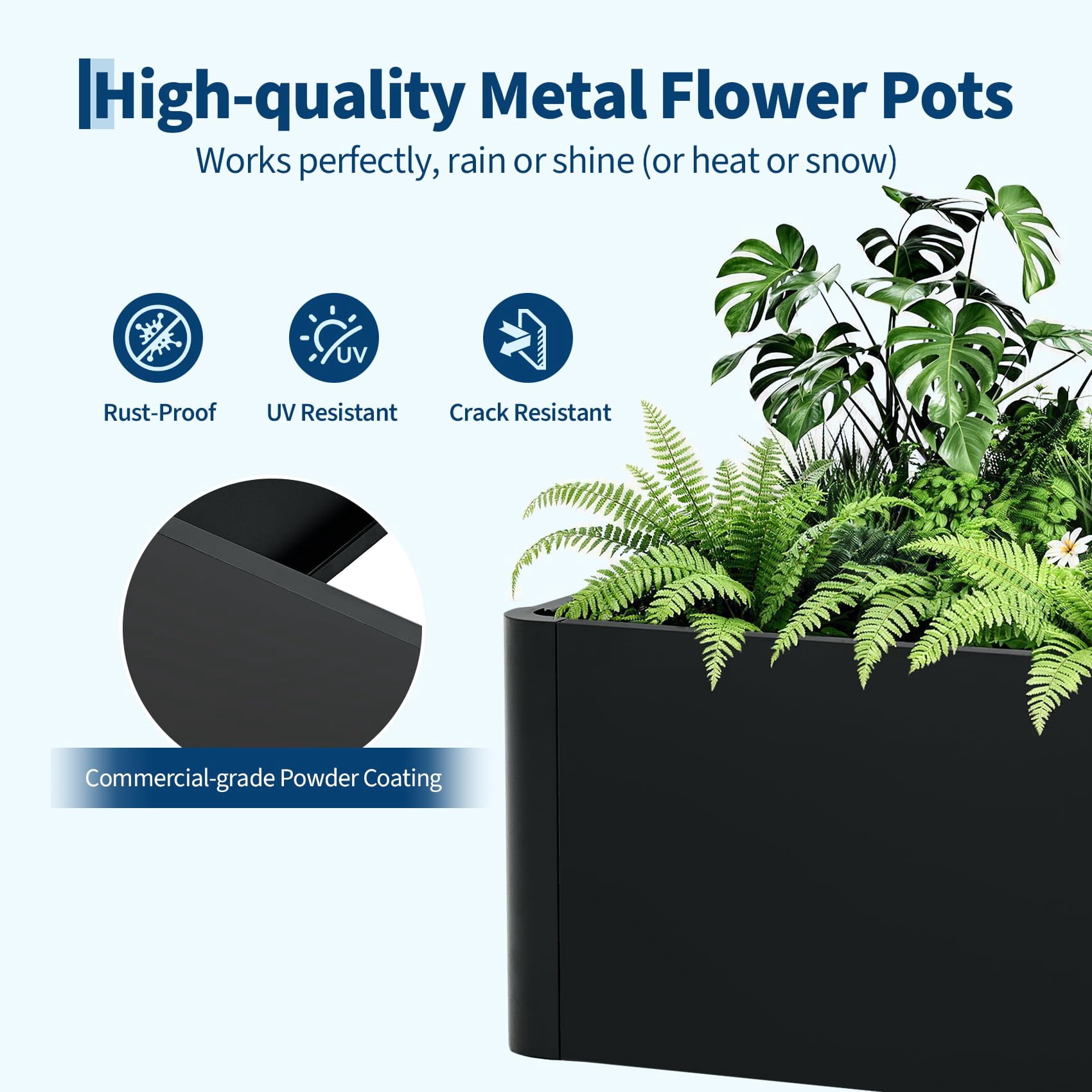 Large Rectangular Metal Planter Box, Home Garden Plant Pots, Indoor Windowsill Planter, Large Garden Planters with Rounded Corners for Outdoor Plants for Patio Deck Garden, With or Without Bottom